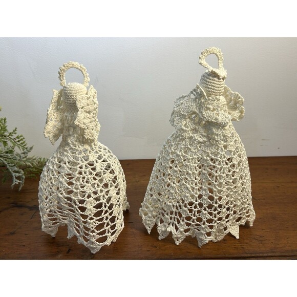 Lot Of 2 Vintage Crochet Angel Christmas Tree Toppers 8” And 9” Tall - Picture 1 of 8